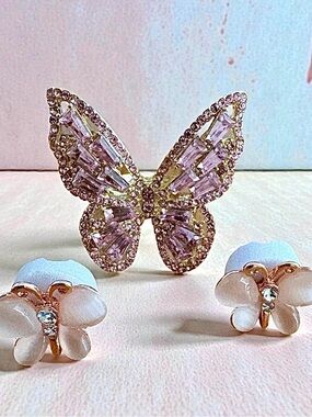 Elegant Pink Butterfly stud Earrings Novelty butterfly Ring one size